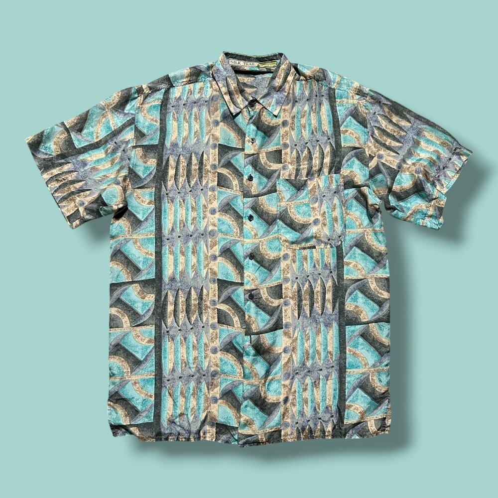 Vintage 80s Silk Shirt Abstract Print Button Up Colorful Art Mens Large
